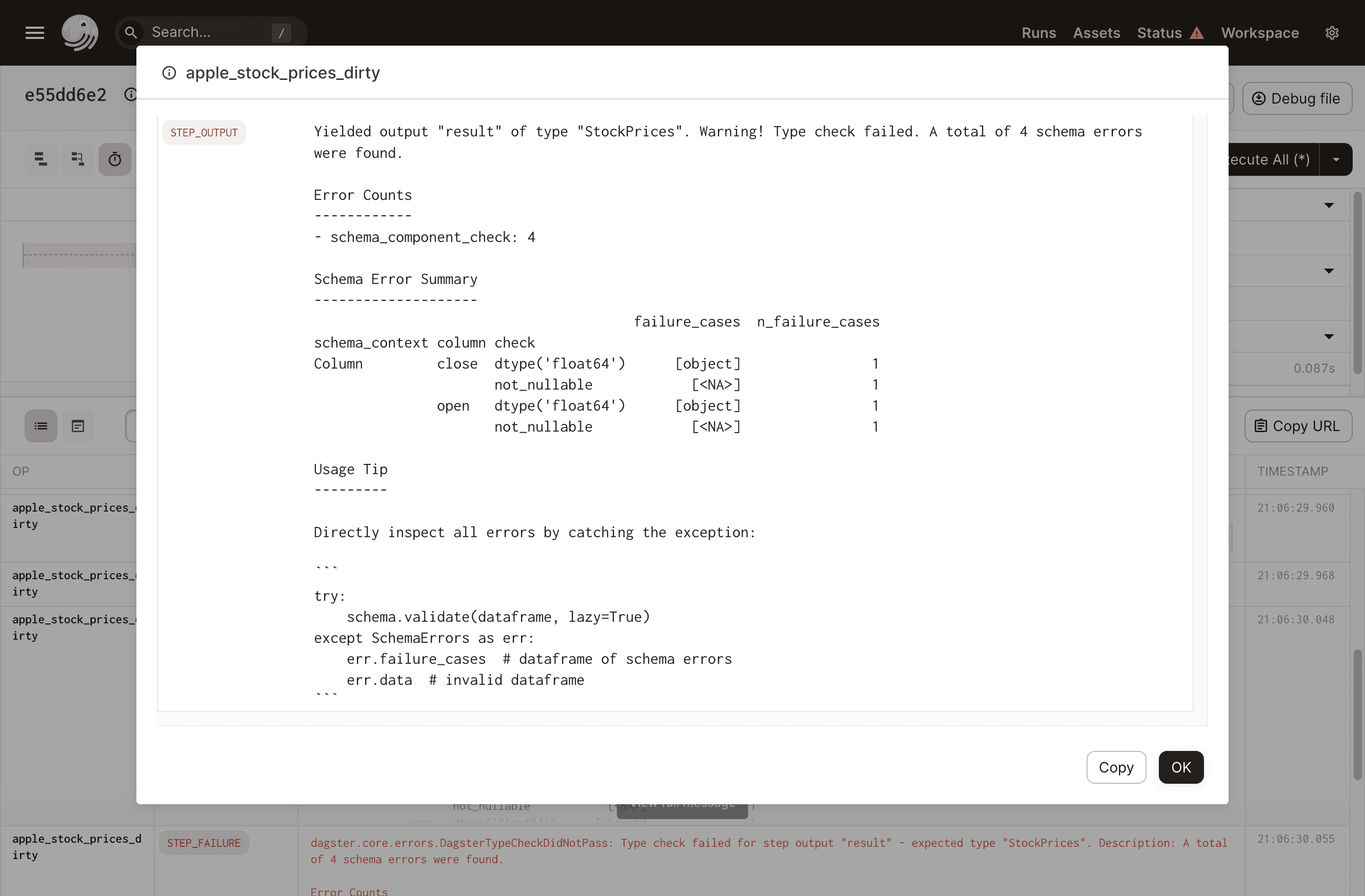 Error report for a Pandera job in the Dagster UI