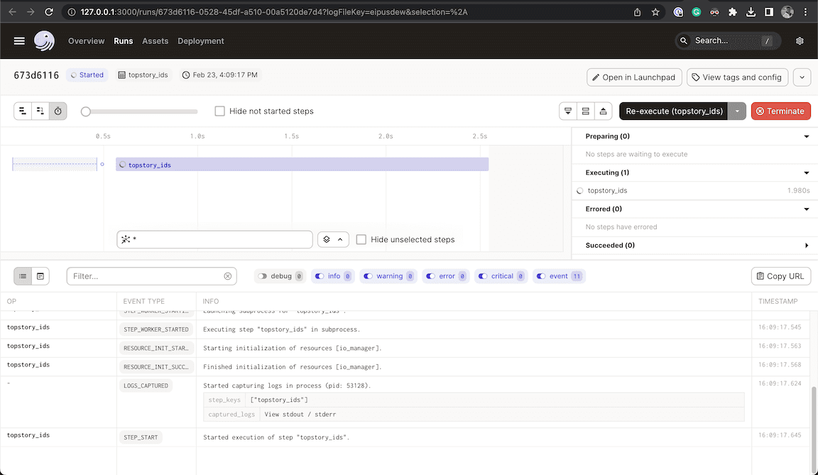 the materialization run's status page